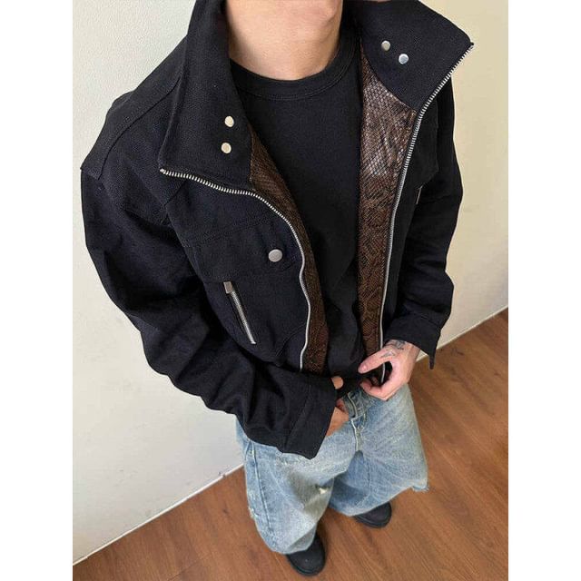 Orungeetun-Stand Collar Plain Panel Zip Jacket