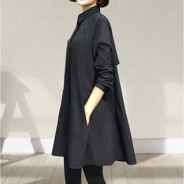 MIKIGA-Long-Sleeve Plain Button-Up Tunic Shirt