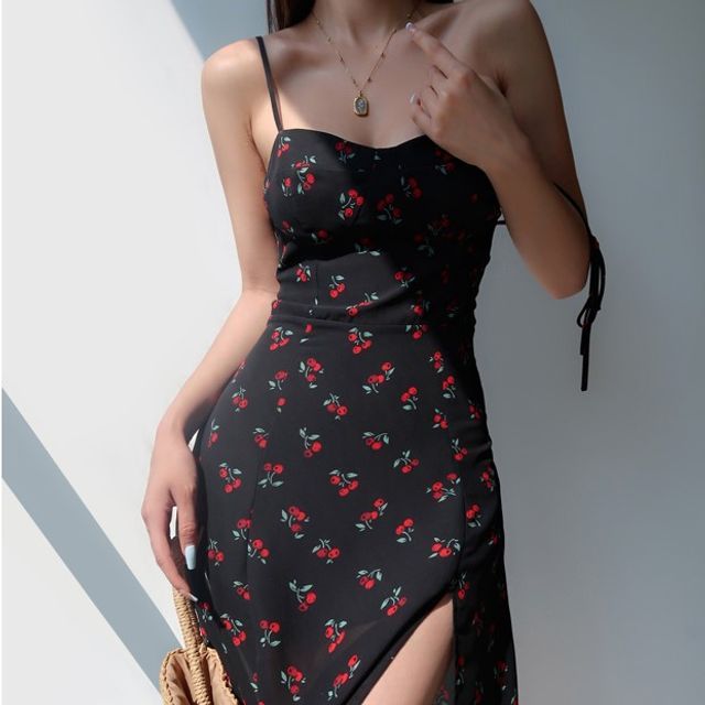 Honmizz - Spaghetti Strap Cherry Midi A-Line Dress | YesStyle