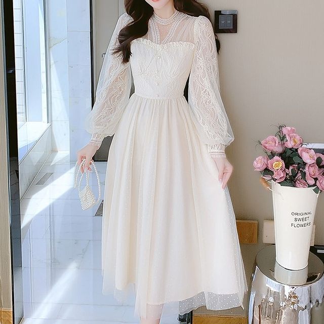 Bornite - Long-Sleeve Mesh Panel Lace Midi Dress | YesStyle
