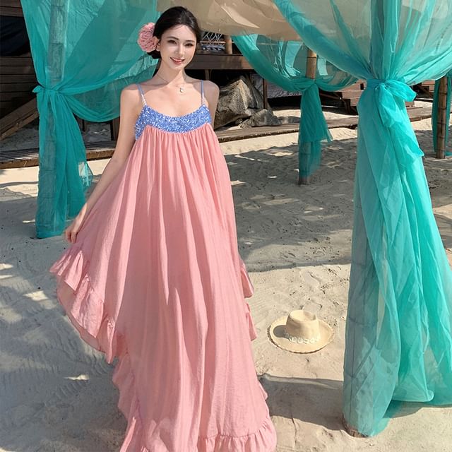 Fioridi-Spaghetti Strap Two Tone Sequin Ruffle Asymmetrical Maxi Sundress