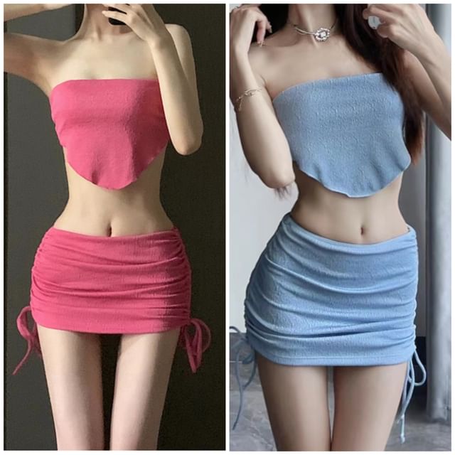 CUCURBIT-Set Plain Asymmetrical Bandeau Bikini Top Drawstring Swim Skirt