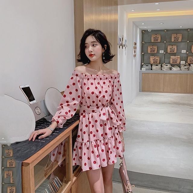 Everose-Off-Shoulder Dotted A-Line Dress