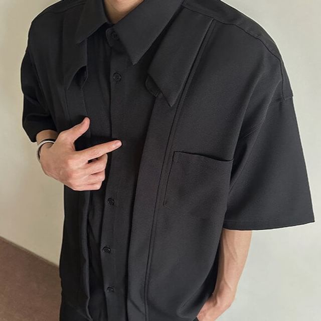 Drawouf-Mock Two-Piece Elbow-Sleeve Button-Up Plain Shirt