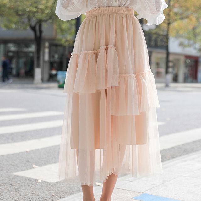 Layered Mesh Midi A-Line Skirt