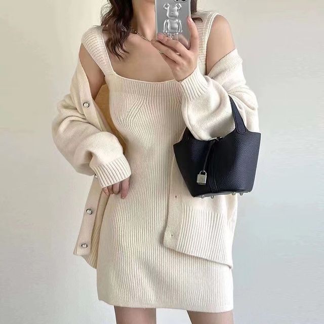 Beaustreet-Set Sleeveless Square Neck Plain Ribbed Knit Mini Sheath Dress V-Neck Faux Pearl Button Cardigan