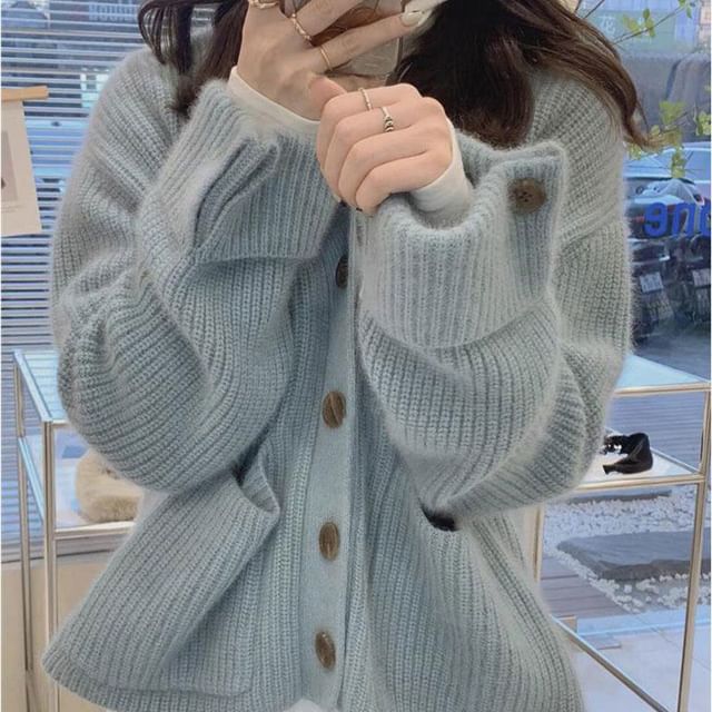 Sienne-V-Neck Plain Button-Up Cardigan