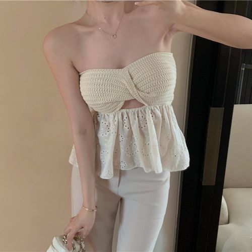 Strapless Cut-Out Eyelet Panel Knit Top