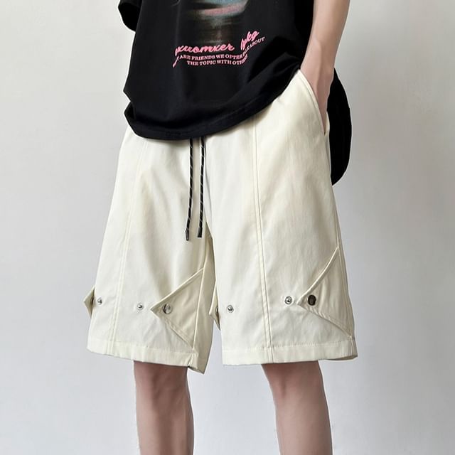 Kimeya-Drawstring Waist Plain Wide Leg Shorts