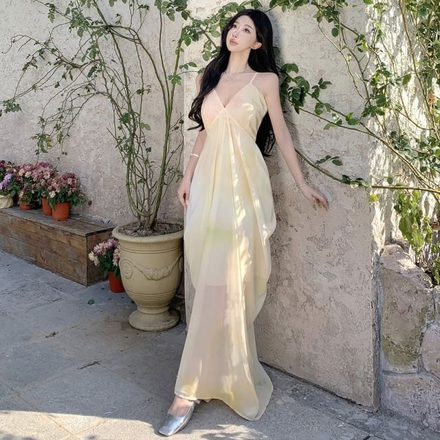Moanum-Spaghetti Strap V-Neck Plain Maxi A-Line Dress