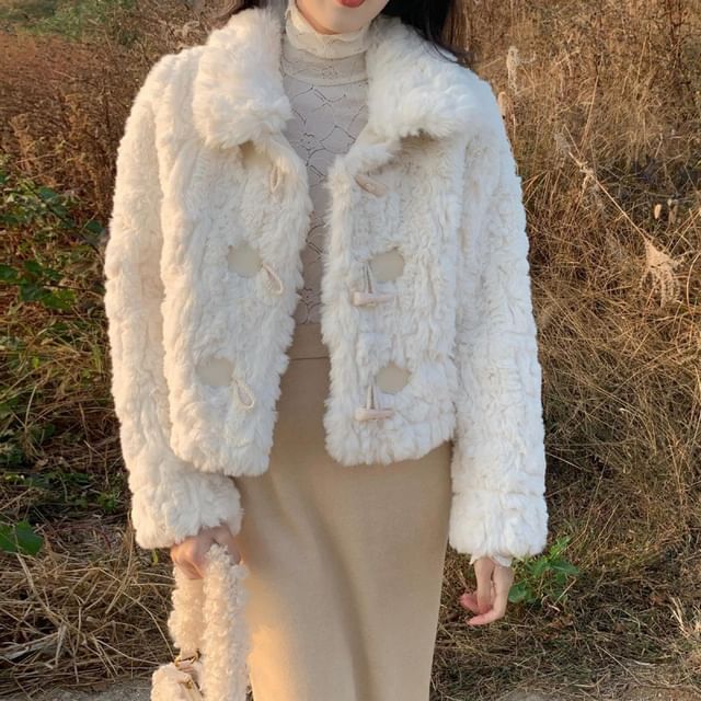 INEN-Collared Plain Faux Fur Toggle Jacket