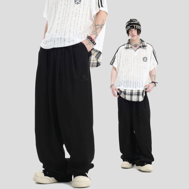 Banash-Couple Matching Drawstring Waist Plain Wide Leg Pants