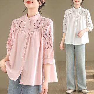 Lewwe Elbow-Sleeve Band Collar Plain Embroidered Cutout Blouse Sale