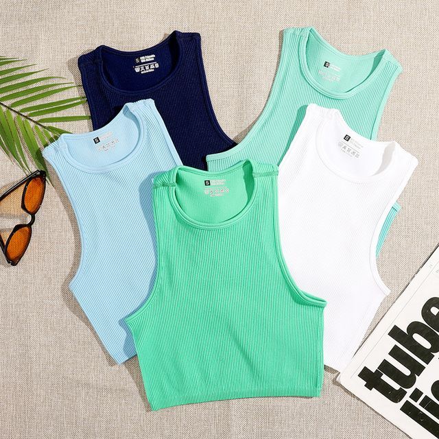 Hevnir-Crew Neck Plain Crop Tank Top
