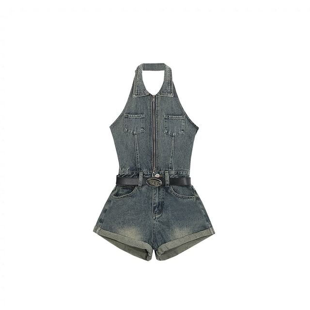 SPUCIKLEI-Halter-Neck Washed Zip-Up Denim Romper