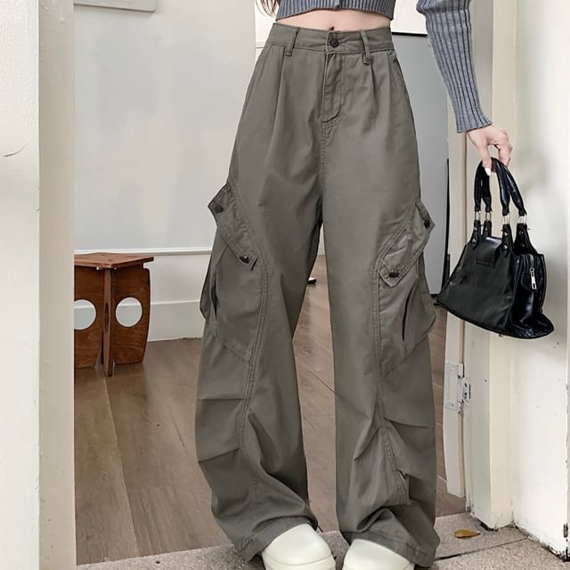 Beem-Mid Waist Plain Baggy Cargo Pants