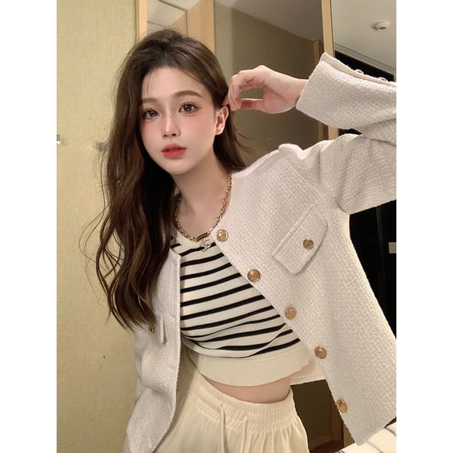 Essere-Round Neck Tweed Button Jacket