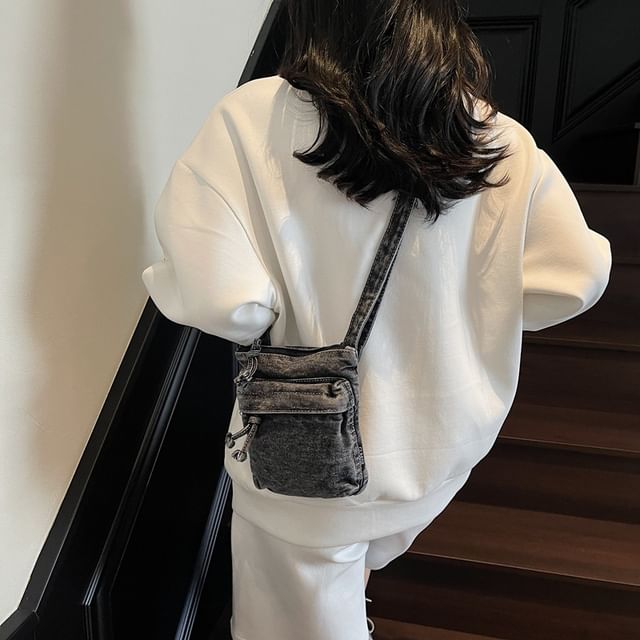 HOVERUP-Washed Denim Zip Crossbody Bag