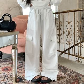 Beem-Drawstring Waist Plain Baggy Cargo Pants