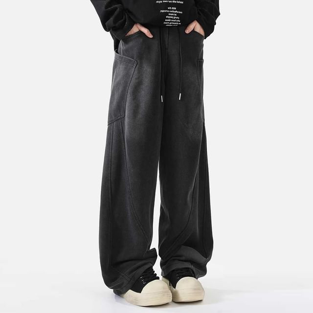Adothuiastic-Drawstring Waist Washed Wide Leg Pants