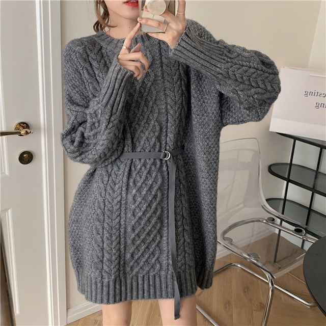 Serendipitous - Cinch-Waist Cable Knit Sweater | YesStyle