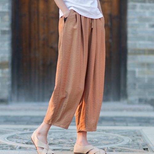 Women's Torn Pants - High Waist Harem Pants With Drawstring