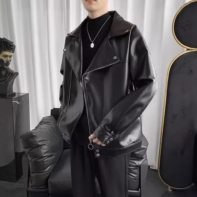 Myanderthal-Plain Faux Leather Zip Biker Jacket