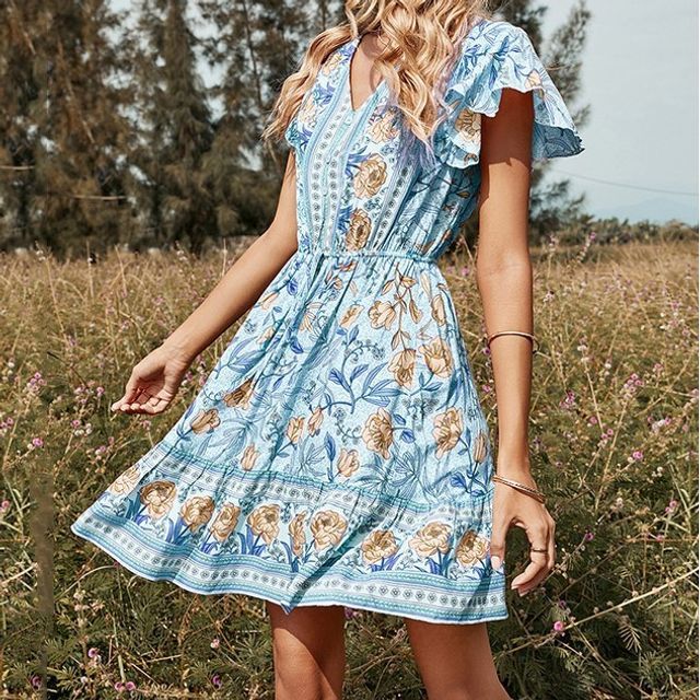 knee length dresses for ladies Folk Floral Off-White Mini Dress Short Sleeve – FARM Rio main image 0