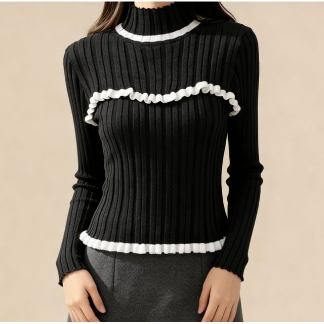 Lemongrass-Ruffle-Trim High-Neck Ribbed Knit Top