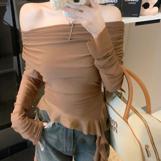 Beem-Long Sleeve Off Shoulder Plain Ruffle Asymmetrical Ruched Top