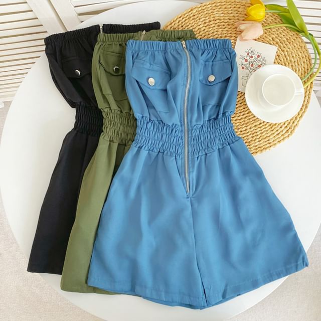Iasia-Strapless Plain Zip Wide Leg Romper