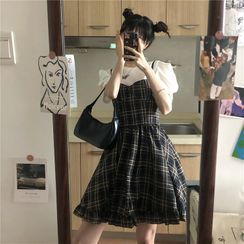 Baage - Puff-Sleeve T-Shirt / Spaghetti Strap Plaid A-Line Mini Dress Baage - Puff-Sleeve T-Shirt / Spaghetti Strap Plaid A-Line Mini Dress