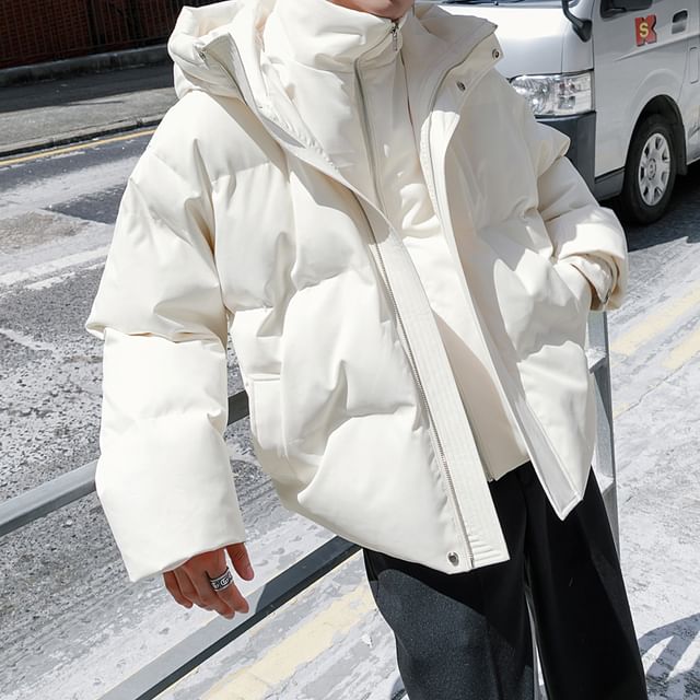 CHIC ERRO-Mock Two-Piece Stand Collar Hooded Zip-Up Plain Puffer Jacket