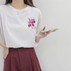 Joyage - Short-Sleeve Cherry Embroidered T-Shirt