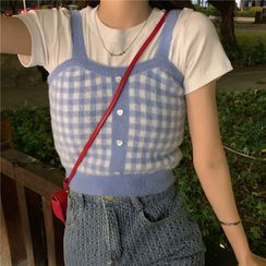 VeryBerry - Short-Sleeve Plain Cropped Top  / Plaid Camisole