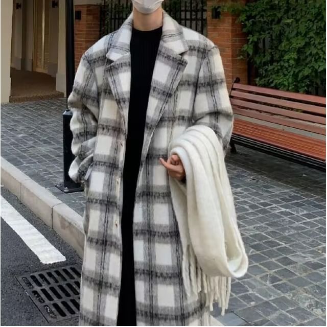 Koiyua-Collar Plaid Midi Button Coat