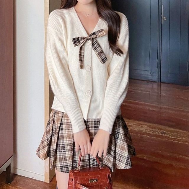 Yaniff Ribbed Knit Cardigan Plaid Mini Pleated Skirt Set