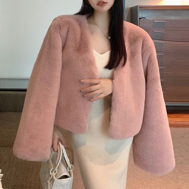 Dragan Pulse-V-Neck Plain Faux Fur Fluffy Jacket