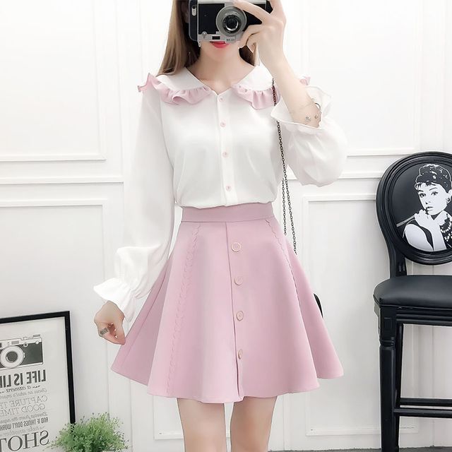 Petit Lace - Set: Contrast Trim Ruffled Shirt + A-Line Skirt | YesStyle