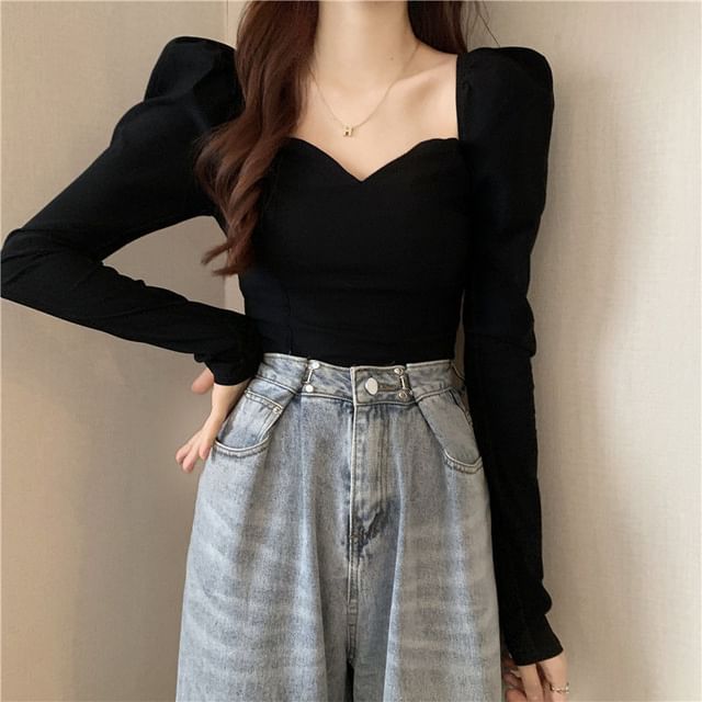 Hevnir-Long-Sleeve V-Neck Plain Blouse