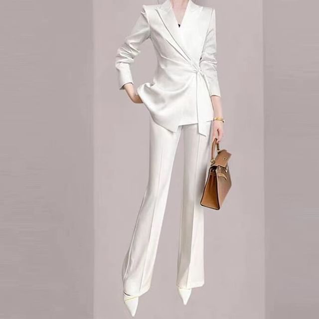 Everose-Set Plain Tie Waist Blazer High Waist Flared Pants