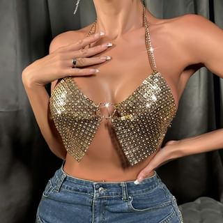 ○様　DIANTE Rhinestone halter neck tops Women Sexy Sparkly Halter Neck Rhinestone Crop Top Deep V Tank Top