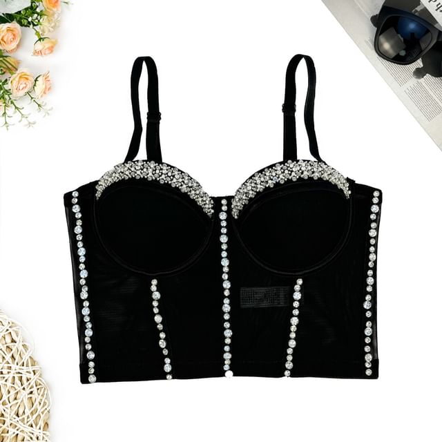 Doowex-Sweetheart Neck Rhinestone Sheer Crop Bustier Top