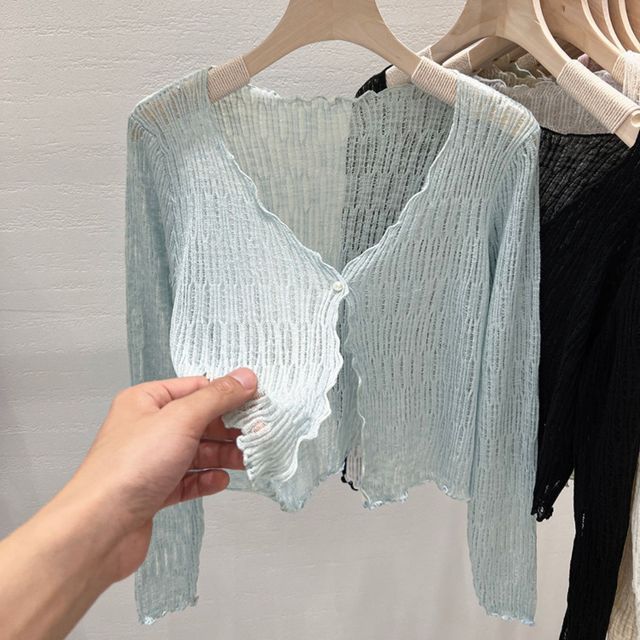 Muezz-V-Neck Lettuce Edge Plain Cropped Cardigan