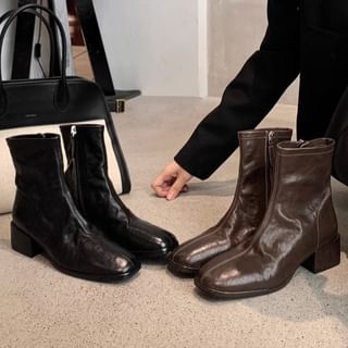 FRAISO Chunky Heel Plain Zip-Up Genuine Leather Short Boots Sale
