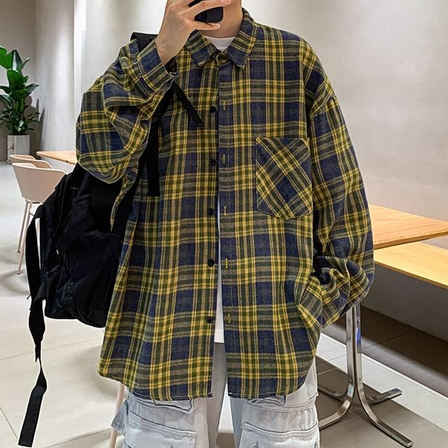 Bay Go Mall-Long Sleeve Collared Plaid Shirt