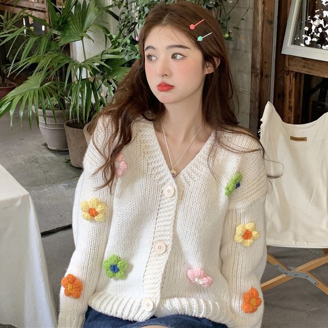 Bloombloom Round Neck Flower Accent Cardigan YesStyle