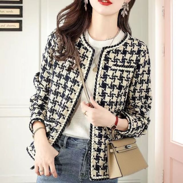 Everose-V-Neck Houndstooth Open Front Jacket