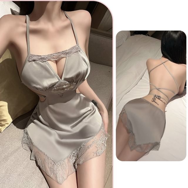 Candyiry-Set Halter Neck Plain Asymmetrical Lace Panel Open Back Nightdress G-String