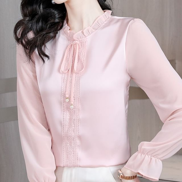 Lace Panel Long Sleeve Bow Shirt Lace Panel Long Sleeve Bow Shirt
